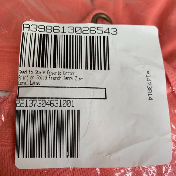 Seed to Style Organic Cotton Solid French Terry Zip-Up Hoodie Coral Large NWT - Picture 11 of 14